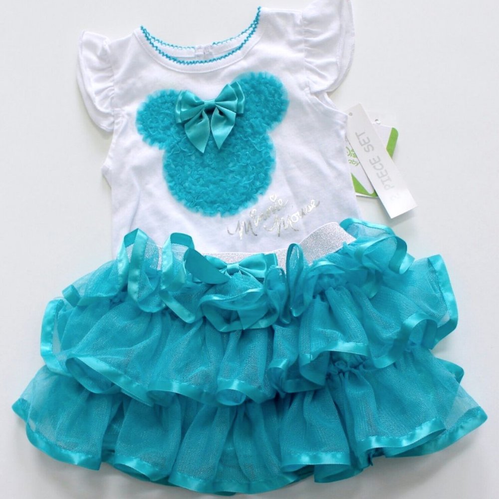 Disney Baby Minnie Mouse White Top and Blue Ruffle Mesh Skirt Size 6 Months